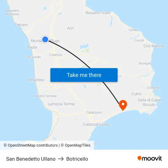 San Benedetto Ullano to Botricello map