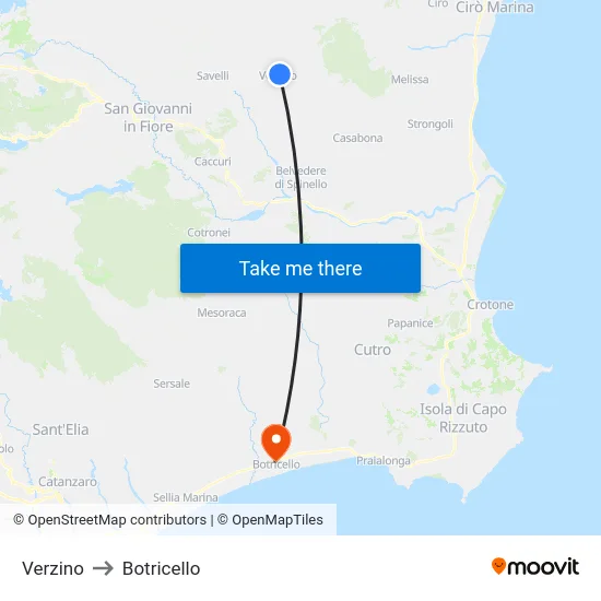 Verzino to Botricello map