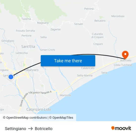 Settingiano to Botricello map