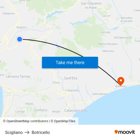 Scigliano to Botricello map