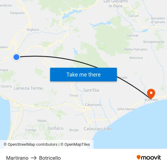 Martirano to Botricello map