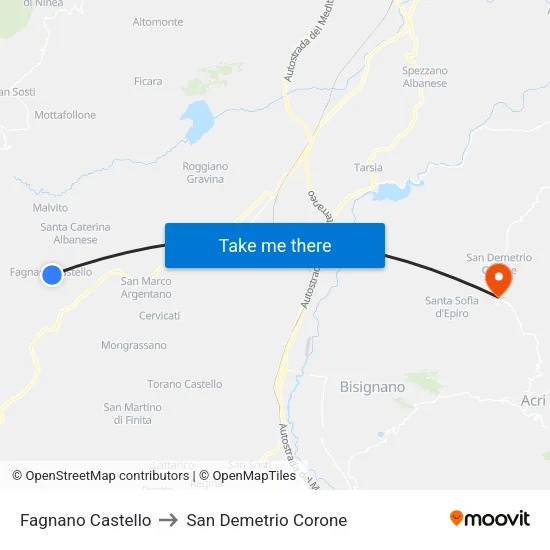 Fagnano Castello to San Demetrio Corone map