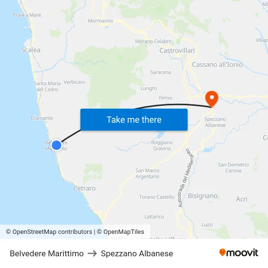 Belvedere Marittimo to Spezzano Albanese map