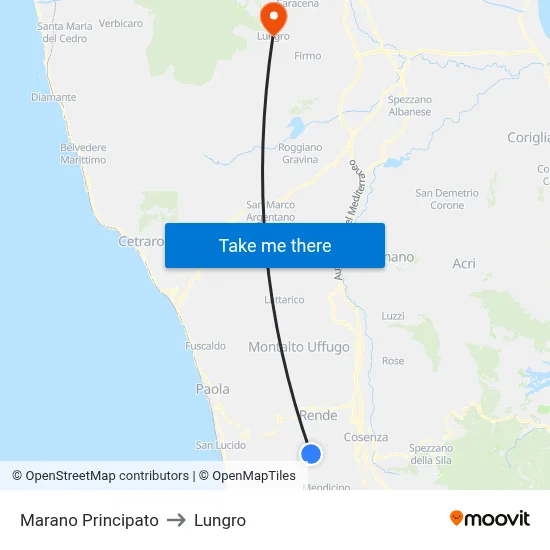 Marano Principato to Lungro map