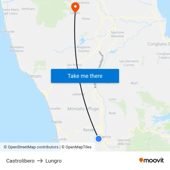 Castrolibero to Lungro map