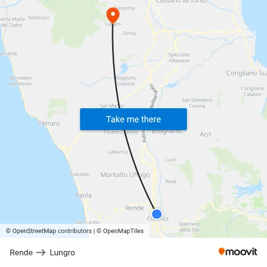 Rende to Lungro map