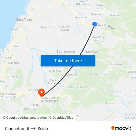 Cinquefrondi to Scido map