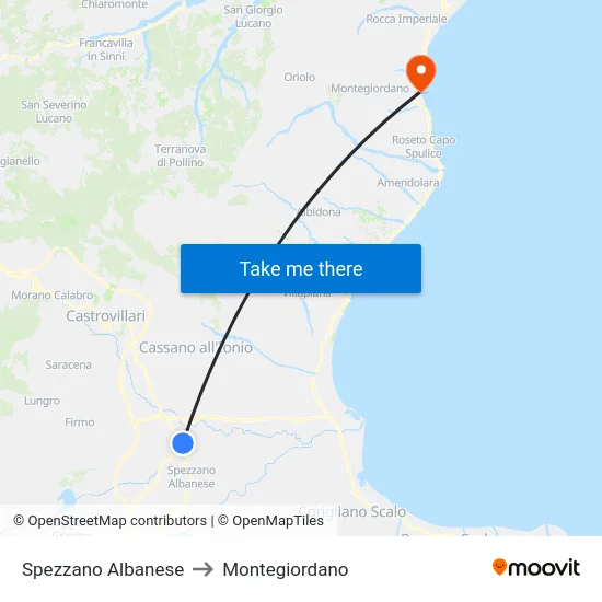 Spezzano Albanese to Montegiordano map