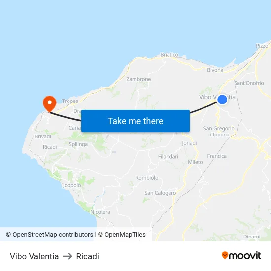 Vibo Valentia to Ricadi map
