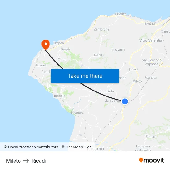 Mileto to Ricadi map