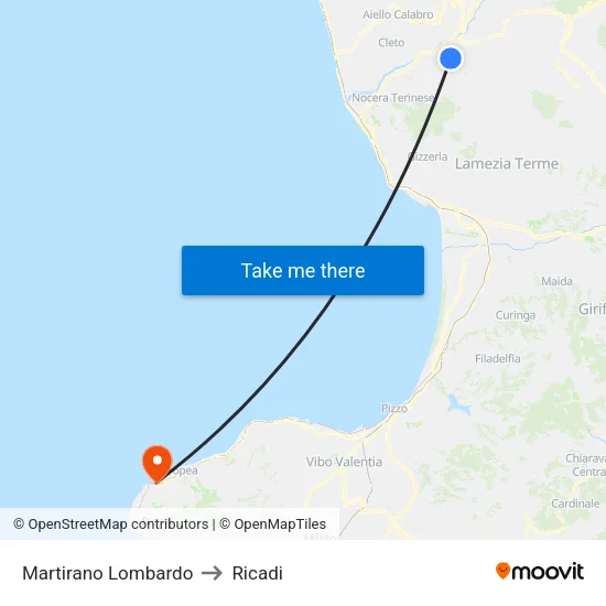 Martirano Lombardo to Ricadi map