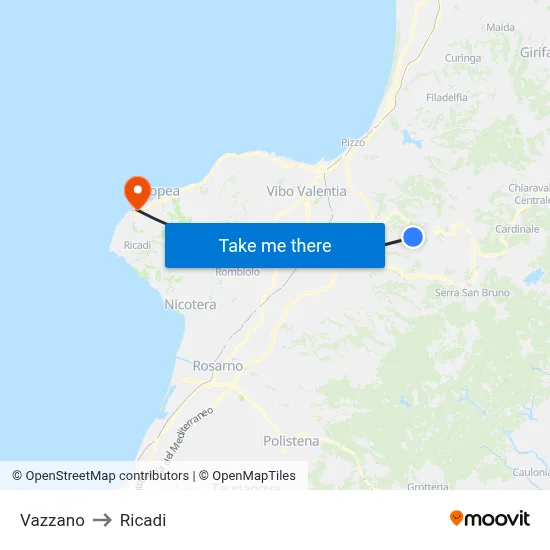 Vazzano to Ricadi map