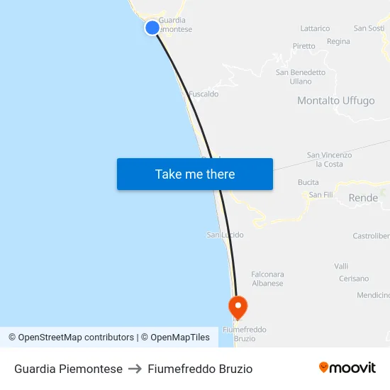 Guardia Piemontese to Fiumefreddo Bruzio map