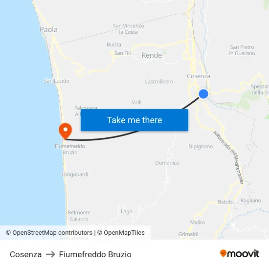 Cosenza to Fiumefreddo Bruzio map