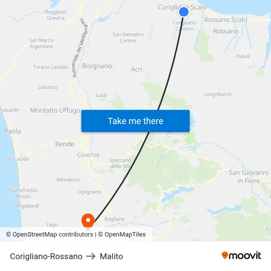 Corigliano-Rossano to Malito map