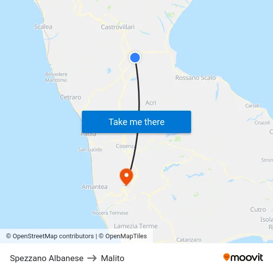 Spezzano Albanese to Malito map