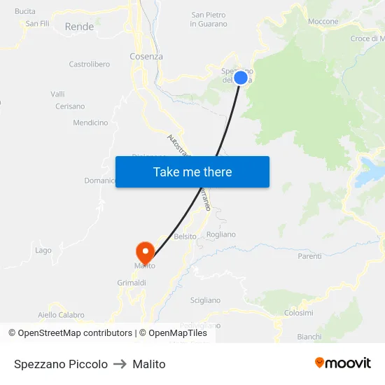 Spezzano Piccolo to Malito map