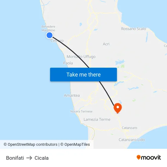 Bonifati to Cicala map