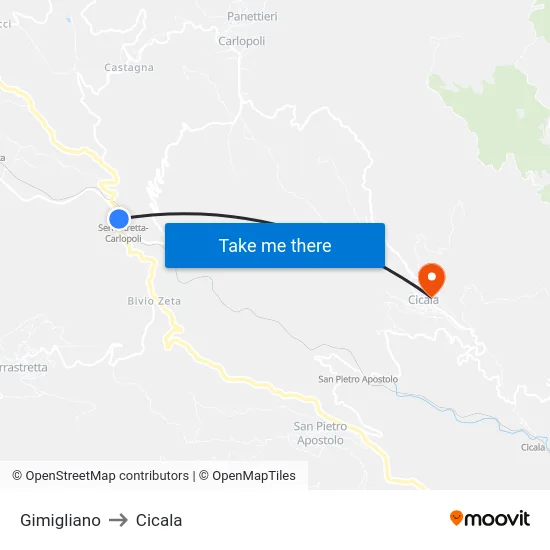 Gimigliano to Cicala map