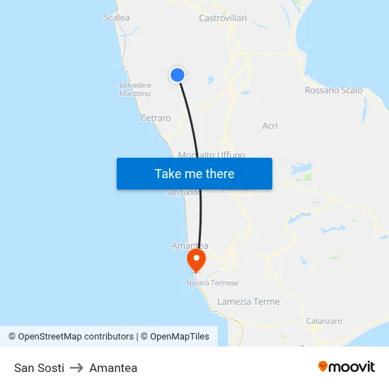 San Sosti to Amantea map