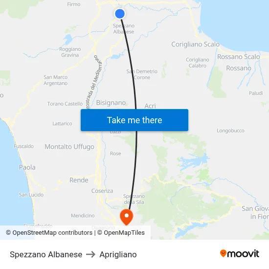 Spezzano Albanese to Aprigliano map