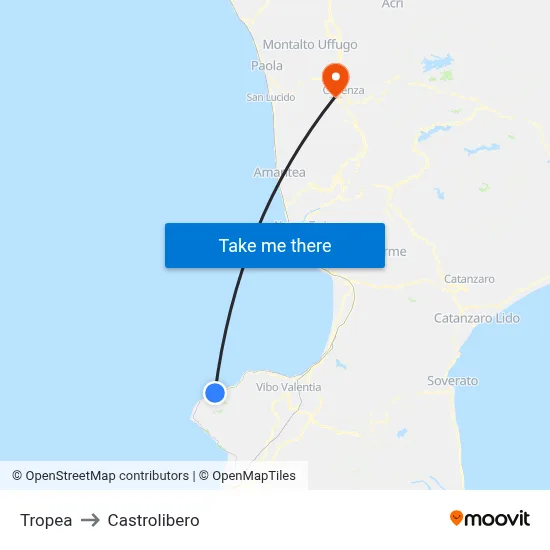 Tropea to Castrolibero map