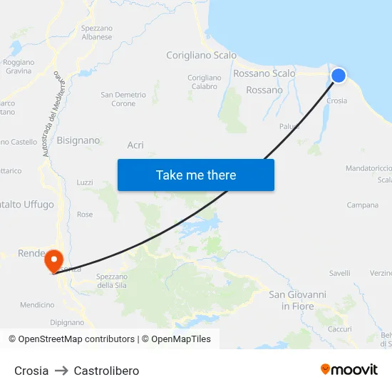 Crosia to Castrolibero map