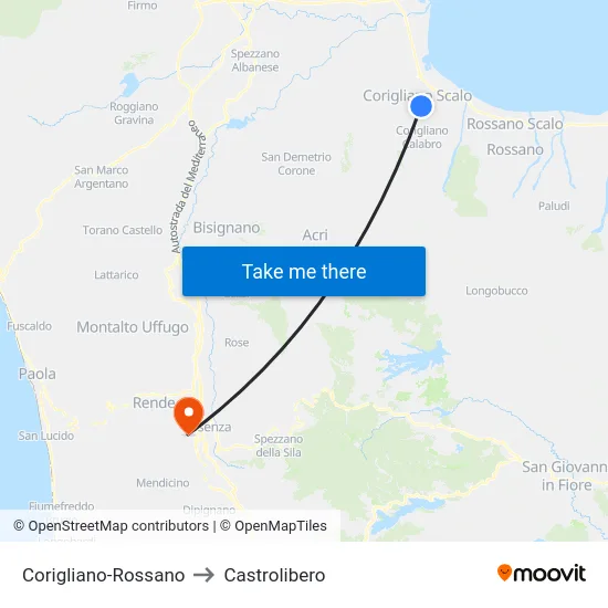 Corigliano-Rossano to Castrolibero map