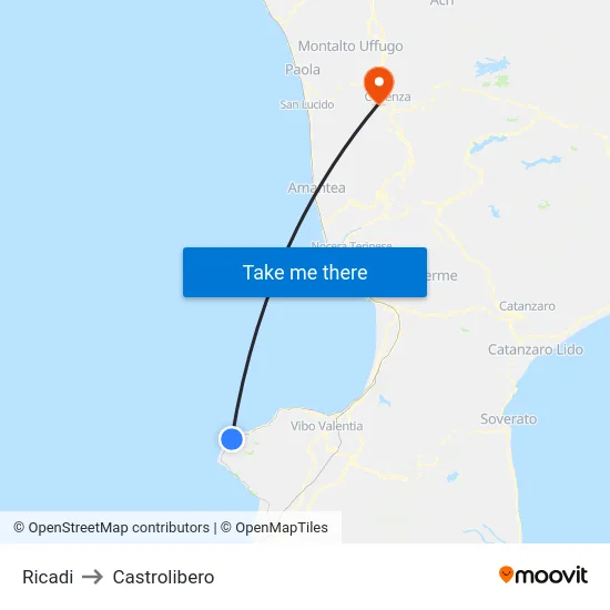 Ricadi to Castrolibero map