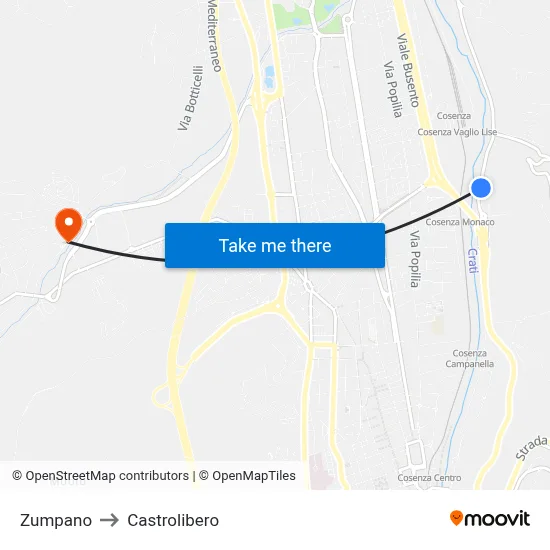 Zumpano to Castrolibero map