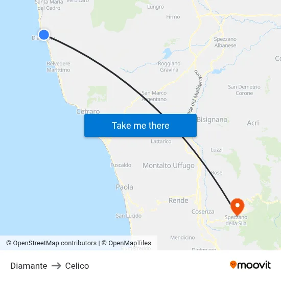 Diamante to Celico map