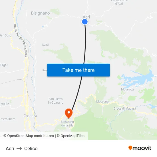 Acri to Celico map