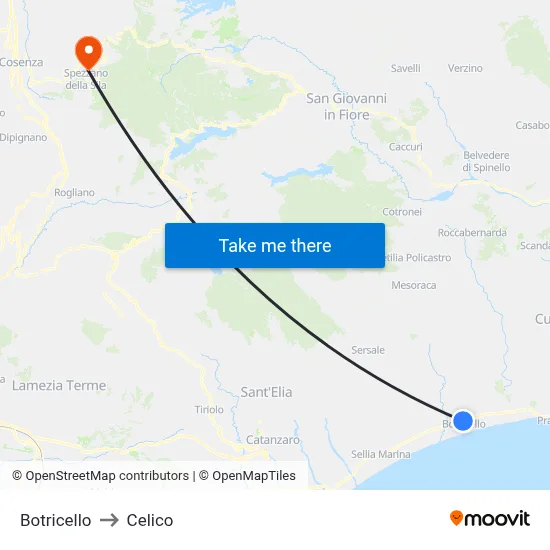 Botricello to Celico map