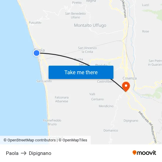 Paola to Dipignano map