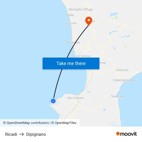 Ricadi to Dipignano map