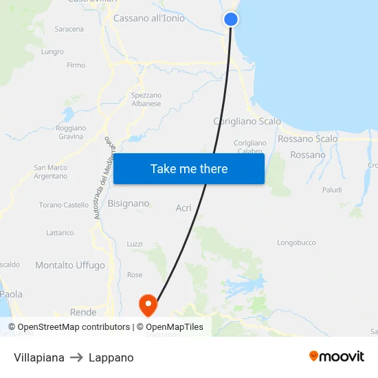 Villapiana to Lappano map