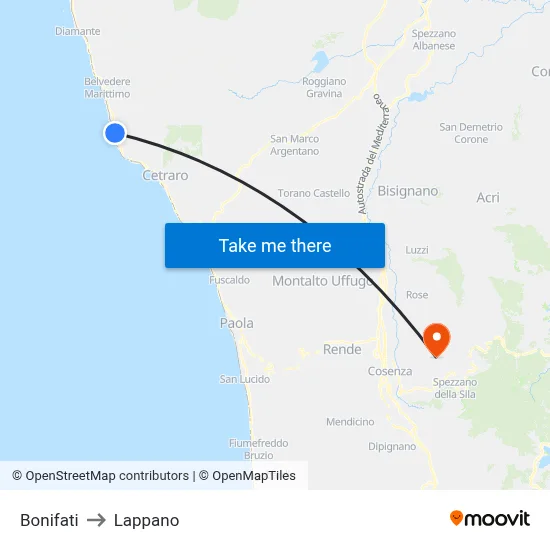 Bonifati to Lappano map