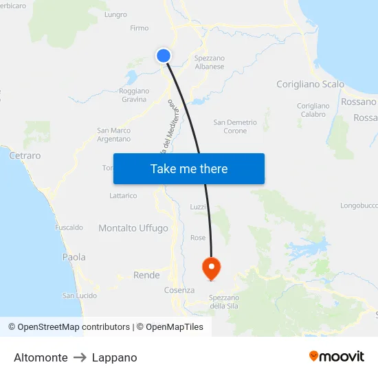 Altomonte to Lappano map