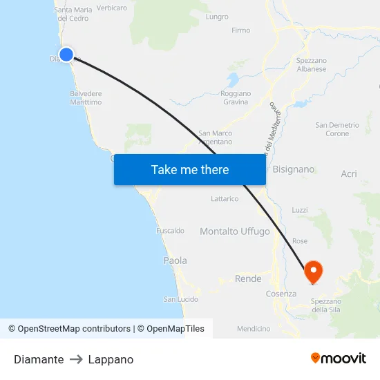 Diamante to Lappano map