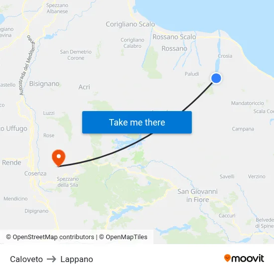 Caloveto to Lappano map
