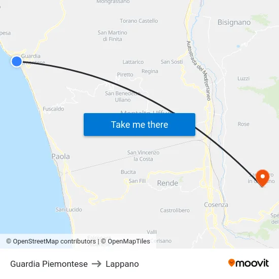 Guardia Piemontese to Lappano map