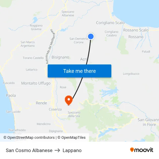 San Cosmo Albanese to Lappano map