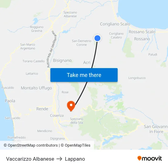 Vaccarizzo Albanese to Lappano map