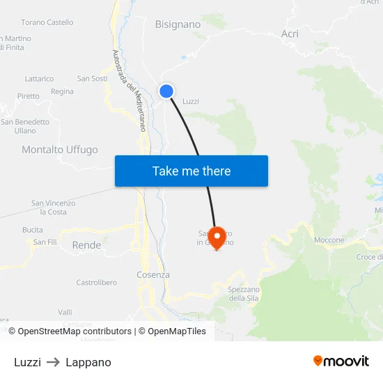 Luzzi to Lappano map