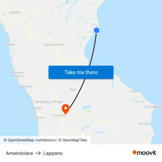 Amendolara to Lappano map