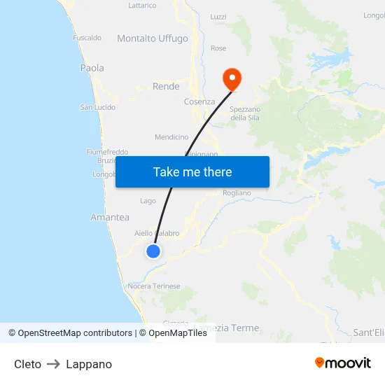 Cleto to Lappano map