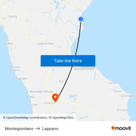 Montegiordano to Lappano map