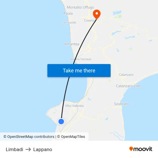 Limbadi to Lappano map