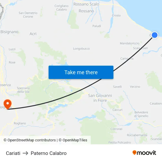 Cariati to Paterno Calabro map