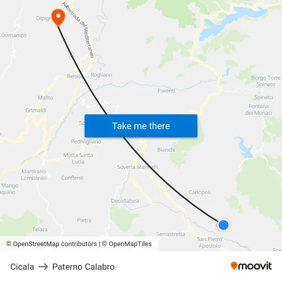 Cicala to Paterno Calabro map